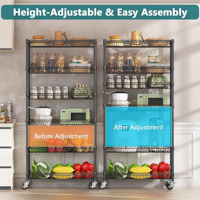Himimi 6 Tier Rolling Storage Cart, Metal Wire Basket Rack with Wheels, Adjustable Storage Shelves Organizer Shelf for Kitchen Pantry Garage Laundry Room Bathroom, 30" W X 13.5" D X 63" H, Black