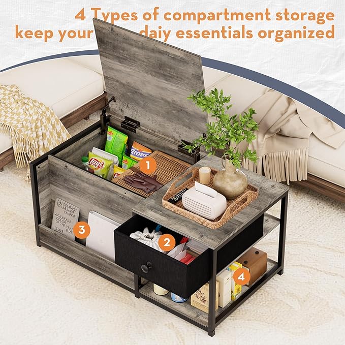 SINPAID Coffee Table with Storage, Rectangular Coffee Tables for Living Room, Farmhouse Coffee Table with Hidden Storage Compartment and Adjustable Shelves, Grey Wash