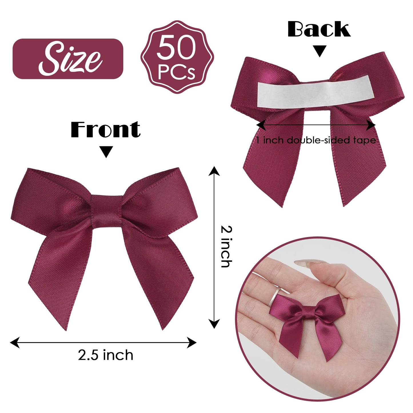 AIMUDI Burgundy Satin Ribbon Bows 2" Self Adhesive Satin Bows for Gift Wrapping Premade Bows with Double-Sided Tape for Making Crafts Baby Shower Birthday Party Wedding Decorations, 50 PCs