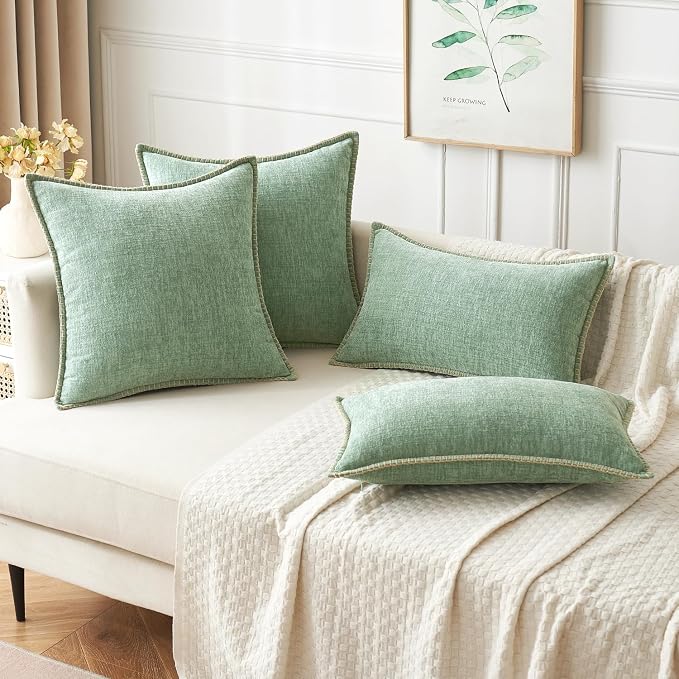 MIULEE Pack of 2 Summer Throw Pillow Covers 18x18 Inch Greyish Green Farmhouse Decorative Pillow Covers with Stitched Edge Soft Chenille Solid Dyed Pillow Covers for Couch Sofa Bed Living Room