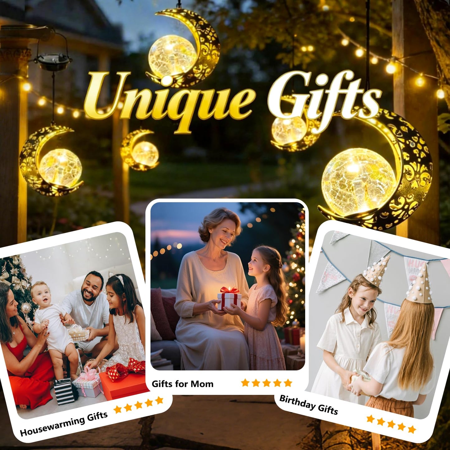 Amugmilk Solar Lanterns Outdoor Garden Decorations, 4 Pack Hanging Solar Moon Lights with Cracked Glass Globes Decor for Backyard Balcony Patio Fence Tree ,Unique Mother's Day Gifts for Women Mom