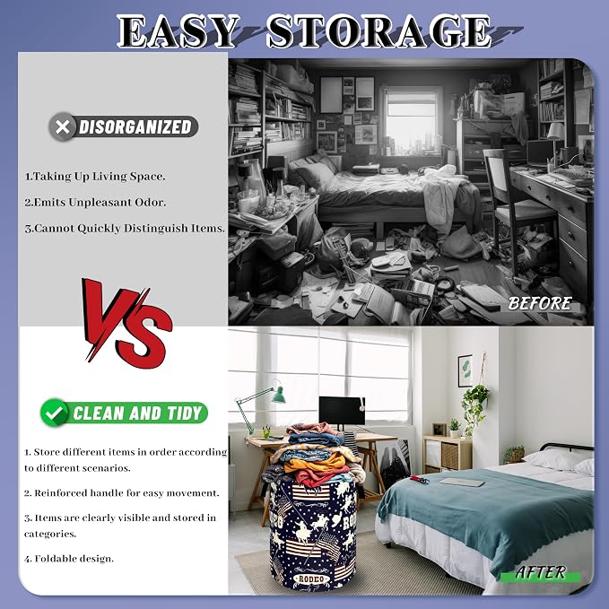 Western Cowboy Laundry Hamper Foldable Oxford Cloth American Flag Laundry Basket With Handle Portable Clothes Storage Organizer Basket 18.9"x16.5" Storage Bag For Laundry Room/Bathroom/Bedroom