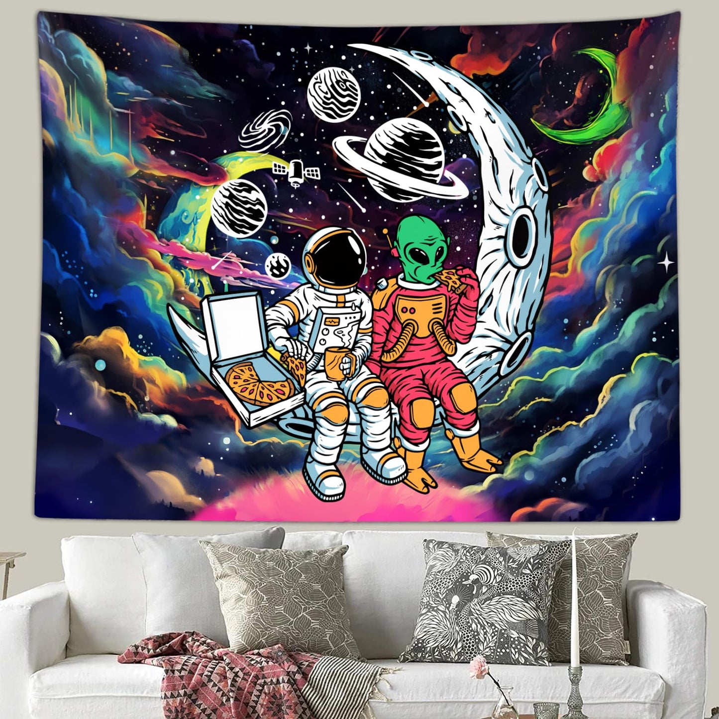 Sanzugh Funny Space Astronaut Alien Tapestry for Men Guys Bedroom, Cool Trippy Universe Planet Art Tapestries Wall Hanging College Dorm Boys Room Decor 60"X40", Psychedelic Blacklight Galaxy Poster