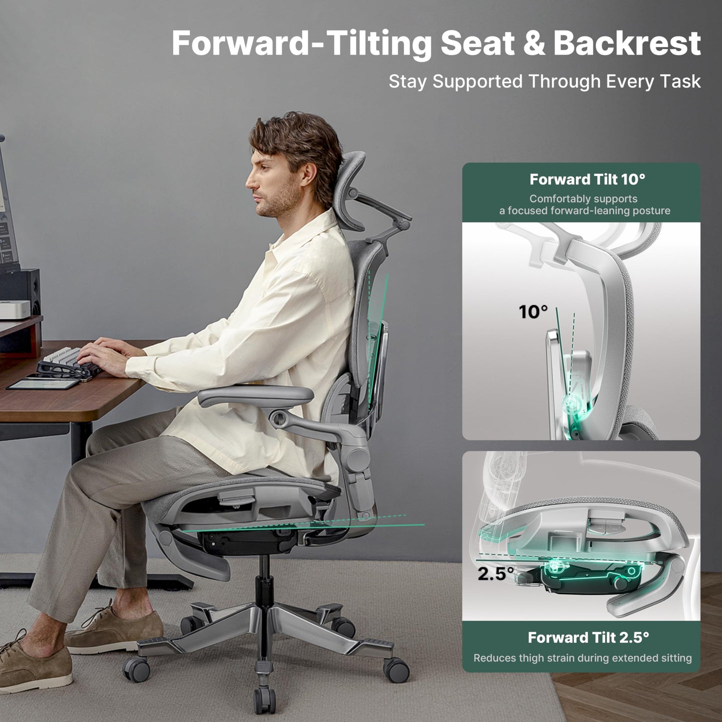 HINOMI H2 Pro Premium Ergonomic Office Chair - Comfy Home Office Desk Computer Chair with Adjustable Back Support, Swivel Wheels, Flip-up Arms, Comfortable Mesh Seat for Desk Work (Green)