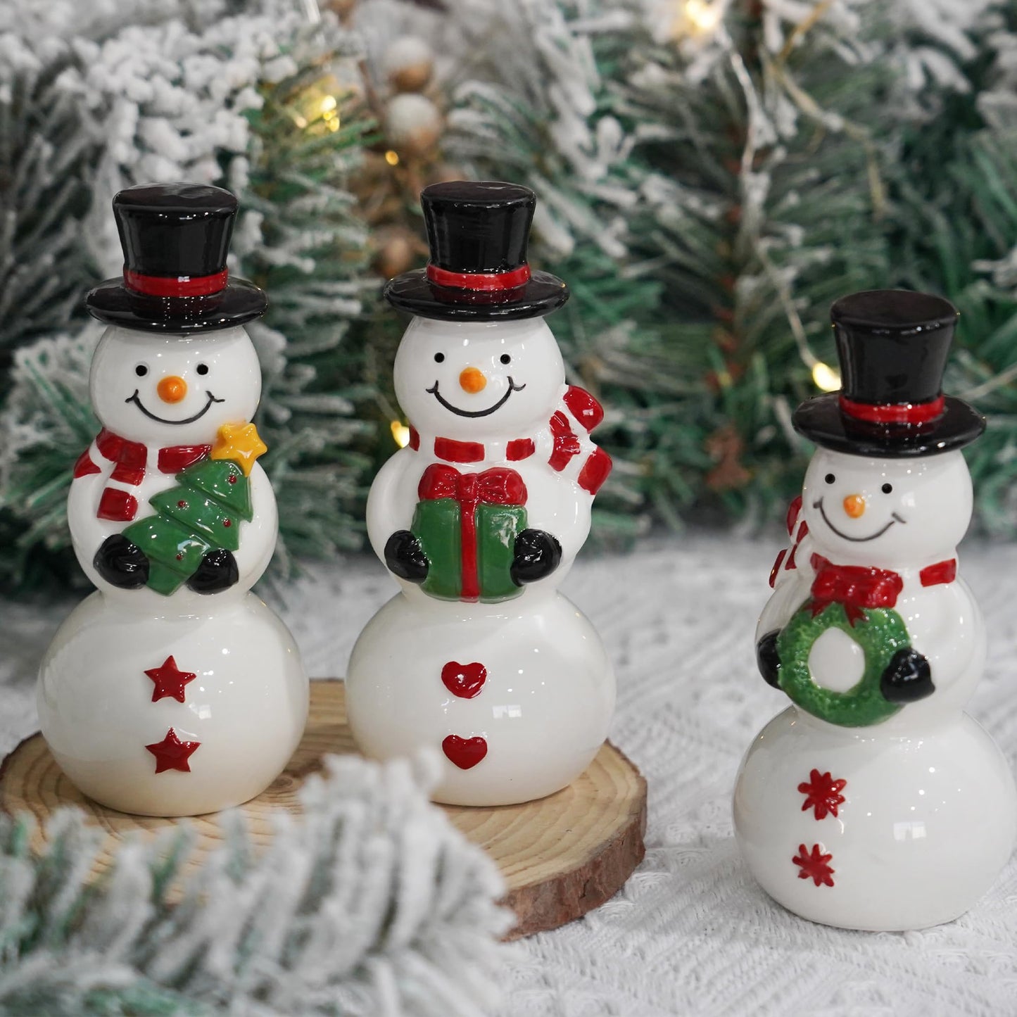 NEROSUN Christmas Snowman Figurines, Set of 3 Ceramic Cute Snowman Ornaments Christmas Decorations, Winter Table Centerpiece for Indoor Cabinet Mantel Fireplace Holiday Xmas Decor