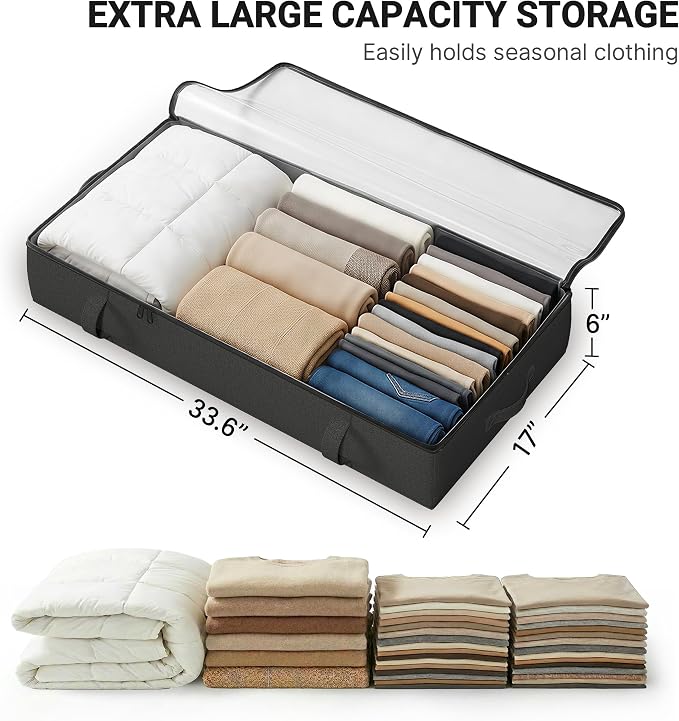 TidyCorner 2-Pack Under Bed Storage, 6 Inches Tall Closet Organizers and Storage Bins with Sturdy Sidewalls/Bottom/4 Handles, Black