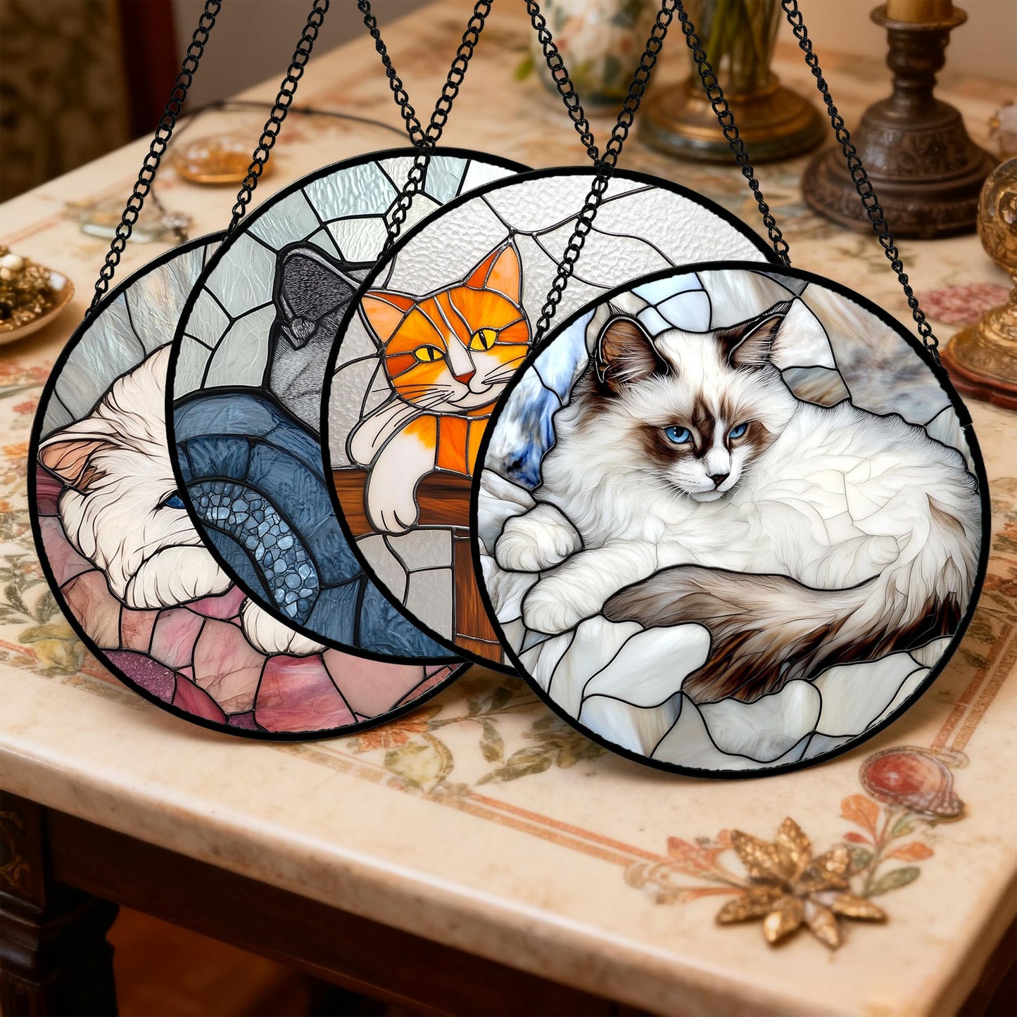 AMDERVEN Stained Glass Window Hanging 4 Pcs Set Cute Cat 6.3" - Suncatcher Door Garden Sun Catcher Decor Birthday Mother's Day Christmas Comfort Gifts for Lost Pet Woman Nana Mom Men Friend