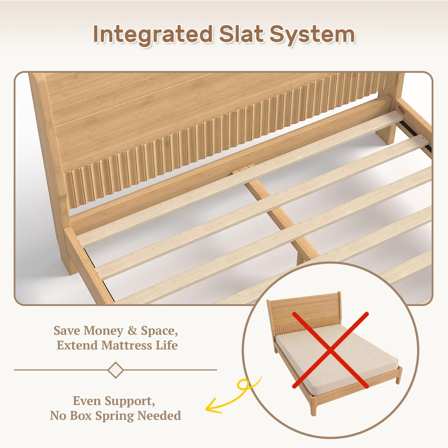 Bellemave Queen Bed Frame with Headboard, Solid Bamboo Platform Bed Frame & Wood Slats Support 800LBS, Japanese Bed Frame Queen Size, No Box Spring Needed, Easy Assembly, Noise Free, Natural