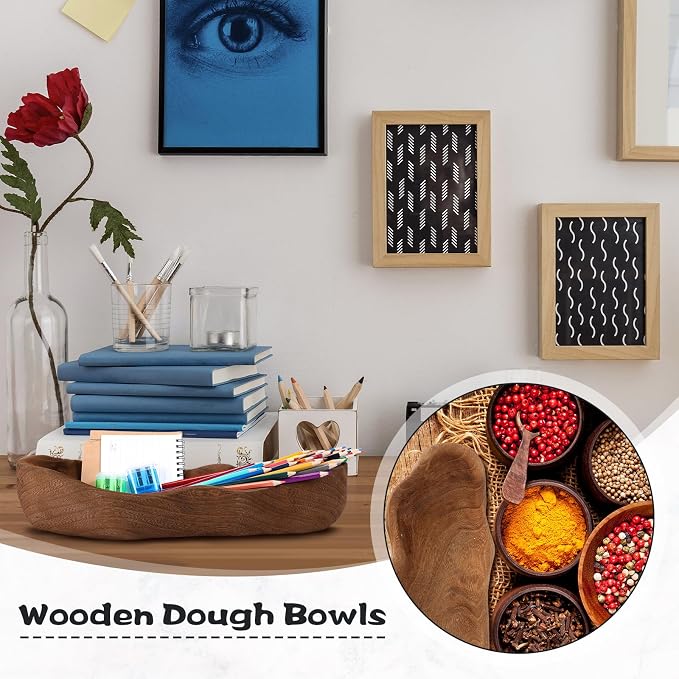 Nuogo 1 Pack 16 Inch Wavy Live Edge Dough Bowl Large Size Wood Rustic Dough Bowl Decorative for DIY Farmhouse Home Supplies Kitchen Decoration(Dark Color)