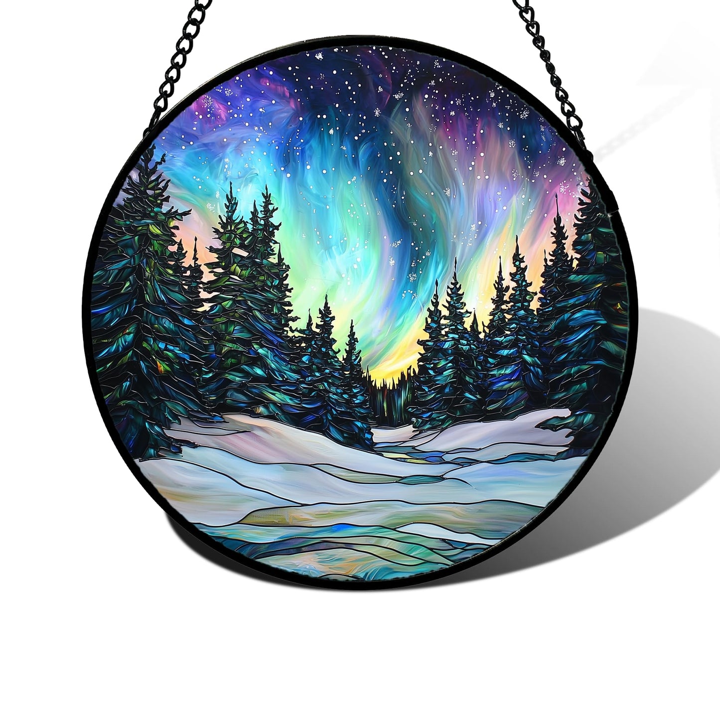 DASTOLL Stained Glass Window Hanging, Aurora Landscape Sun Catchers Glass Panel Green Trees Suncatcher Decor for Birthday for Women, Men, Wife, Aunt, and Mom 7.8 in