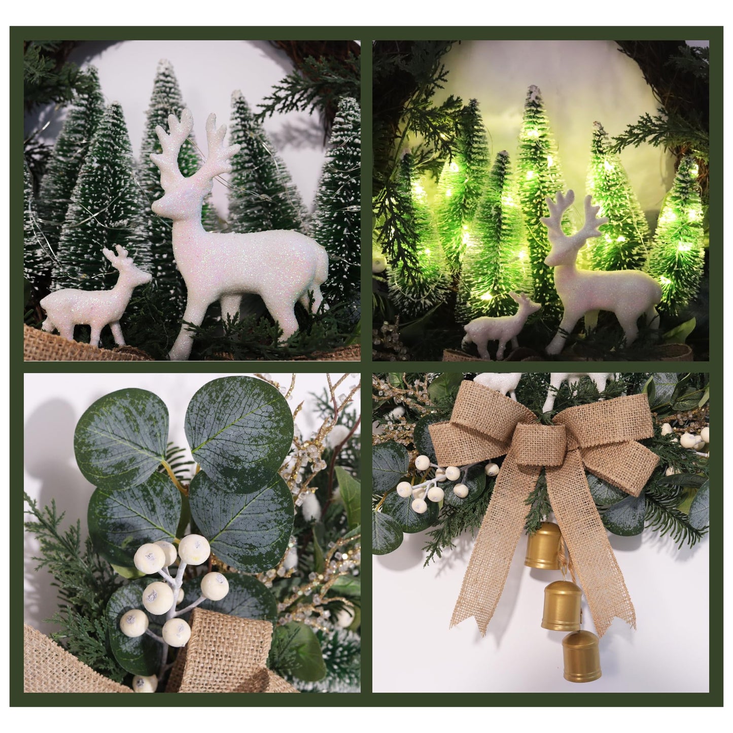 Lighted Christmas Wreath with LED Lights & White Deer, Bottle Brush Trees, Burlap Bow and Bells, Artificial Greenery Front Door Holiday Decoration with Timer