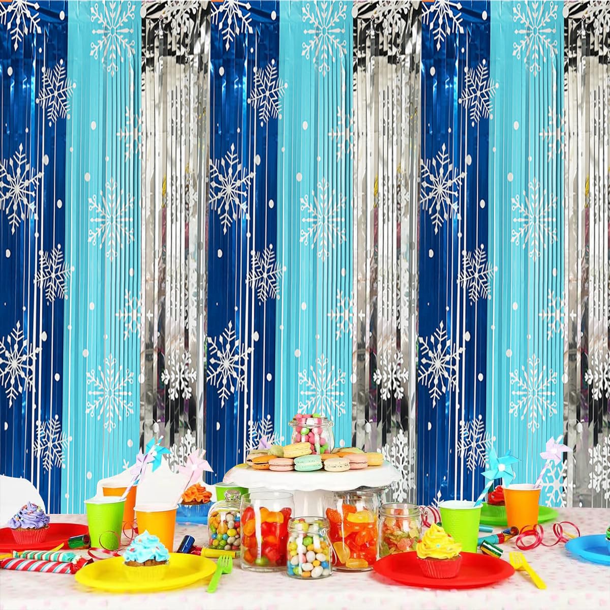 3 Pack Winter Themed Party Foil Fringe Curtain Backdrop 3.28x6.56ft,Snowflake Birthday Party Winter Photo Booth Prop Backdrop for Princess Birthday Party Christmas Winters Wonderland Decorations