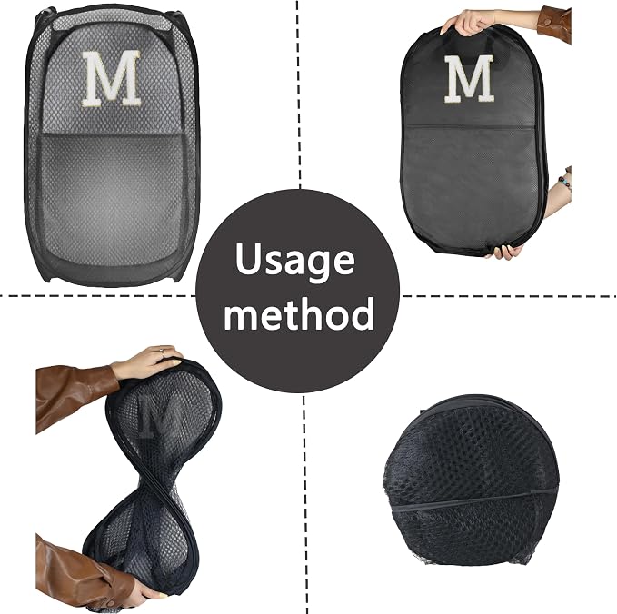 Collapsible Pop Up Laundry Hamper, Extra Large with Removable Initial Letter M, Mesh Foldable Laundry Basket, 28" x 16" x 16" (Black)