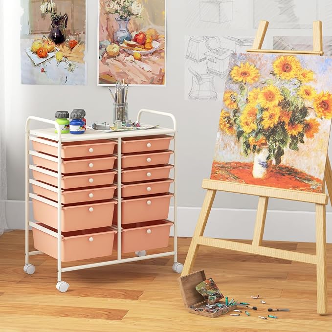 LDAILY 12 Drawer Rolling Storage Cart, Craft Cart Organizer on Wheels w/Metal Frame, Large Capacity & Smooth Drawer, Rolling Cart w/Drawers for Classroom, Office