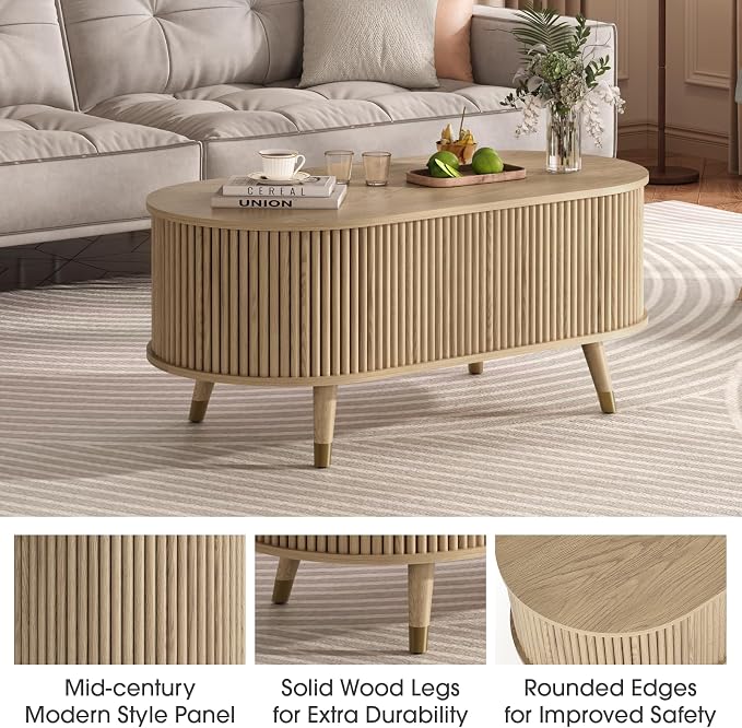 JOINICE 42.5" Oval Lift Top Coffee Table with Storage, Modern Oak Center Table with Fluted Design, Solid Wood Legs & Hidden Compartment, Pop Up Coffee Table for Living Roomm
