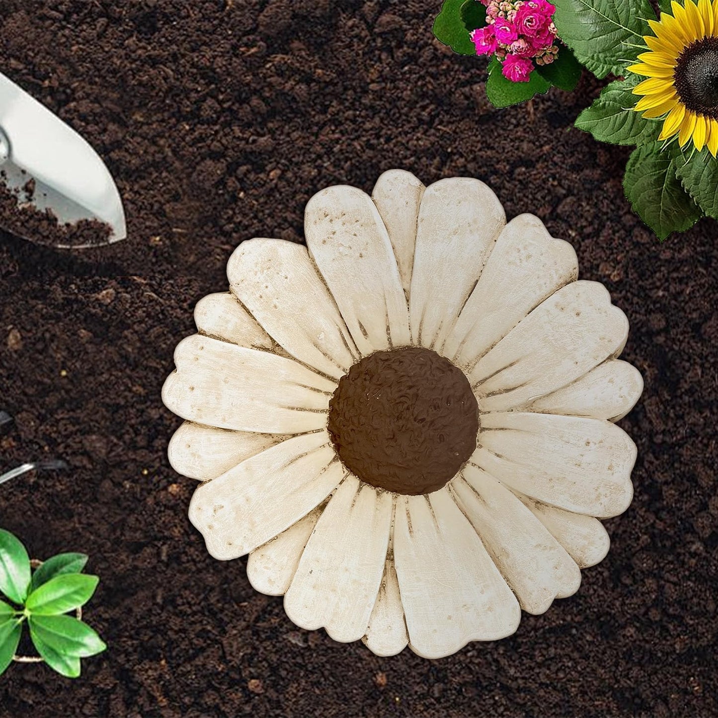 Landoraloria 2 Pack Daisy Cement Stepping Stones 10 Inch, Heavy Duty Garden Pathway Stones, Non Slip Outdoor Walkway Decor for Yard Patio Lawn, Weather Resistant Cement Stepping Stones (White)