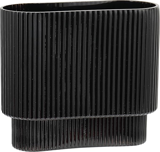 Ribbed Vase, Black Glass Vase for Flowers, Black Flower Vases for Tulips, Modern Vases for Living Room, Dining Table, Office, Bedroom, Mantle, Shelf, Wedding, 7 Inch