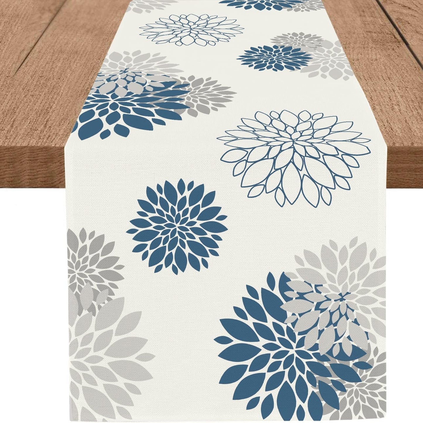 WHOMEAF Blue Gray Table Runner Dahlia Pinnata Flower Beige Table Runners Modern Elegant Pompon Farmhouse Geometric Table Center Decor for Home Dining Party Entrance (13 x 36 Inch)