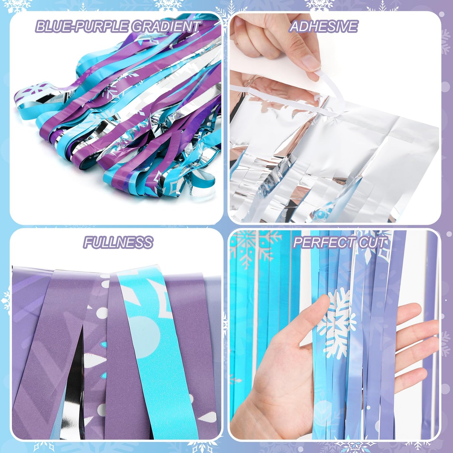 4 Pack 3.3x6.6 Ft Winter Princess Birthday Party Decorations Snowflake Backdrop Tinsel Foil Fringe Curtains Ice and Snow Birthday Party Supplies Snowflake Photo Booth Prop Backdrop Streamer
