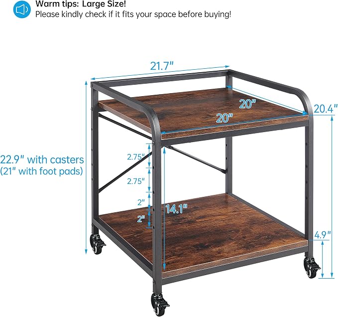 Fannova Under Desk Printer Stand, 20 Inches Deep Large Printer Table with Height Adjustable Storage Shelf, 2 Tier Rolling Printer Cart with Wheels for Home Office - Rustic Brown