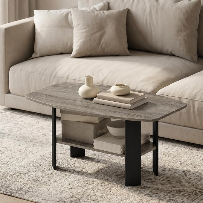 Furinno Simple Coffee Table, 2-Tier Small Coffee Table wih Open Shelf, Side Table, Tabletop with Soft Edges, for Living Room, Home Office, Grey Oak