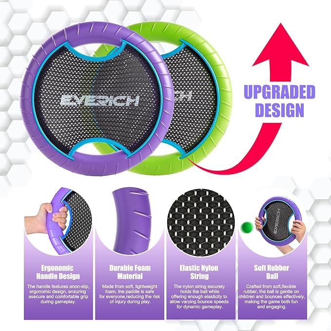 EVERICH TOY Trampoline Paddle Ball Set with 2 Bouncy Paddles & 4 Balls - Soft Foam Design for Kids Play Indoor Outdoor Beach Backyard Lawn - Great Gift Idea for Boys & Girls (Blue & Purple)