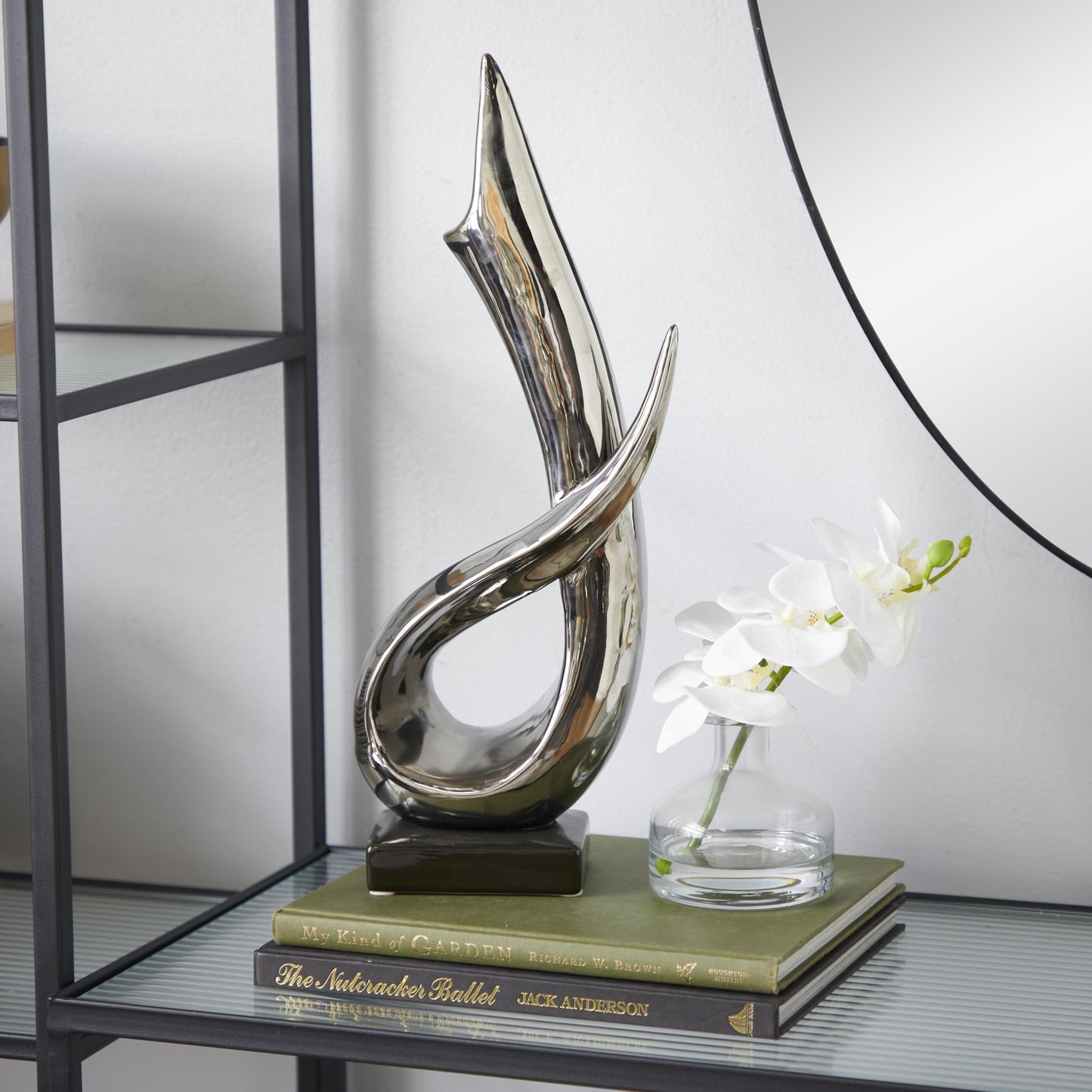 Deco 79 Porcelain Ceramic Abstract Decorative Sculpture Home Decor Statue with Black Base, Accent Figurine 8" x 4" x 17", Silver