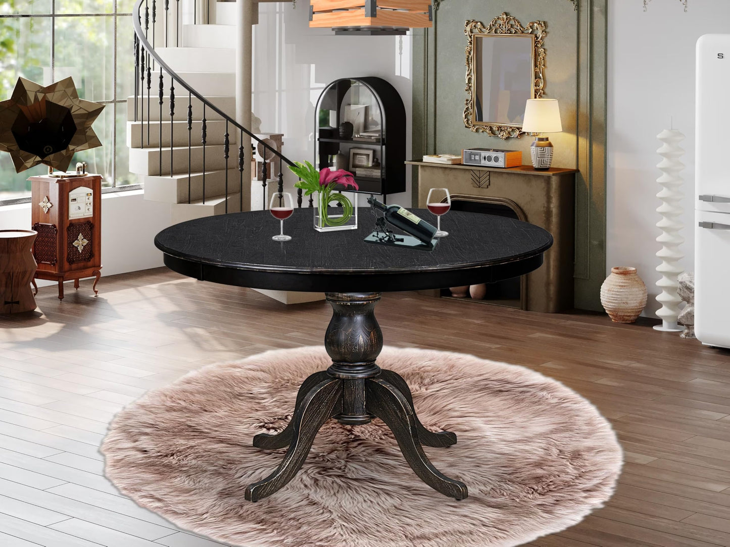 Luxe by East West Furniture FE6-11-TP Wooden Kitchen Table with Acacia Wood Round Tabletop and Stylish Pedestal Base - Sand Blasted Black Finish