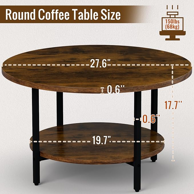 FAMIDGE Round Coffee Table, 27.6" Circle Coffee Table for Living Room, 2-Tier Wood Accent Center Table with Open Storage Industrial Design Home Furniture, Rustic Brown