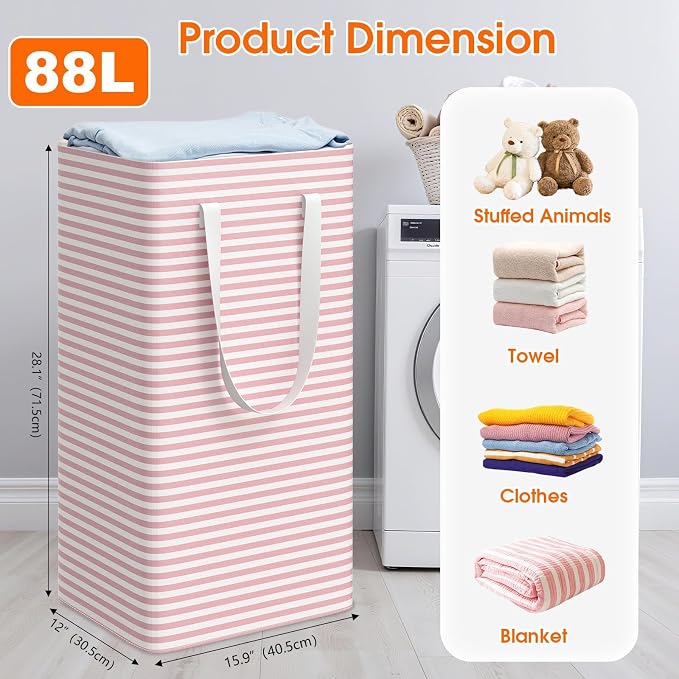 3 Pack Large Laundry Basket,Waterproof & Freestanding Laundry Hamper,Collapsible Clothes Hampers with Easy Carry Long & Reinforced Handles in Bathroom,College Dorm(88Lx3,Pink)