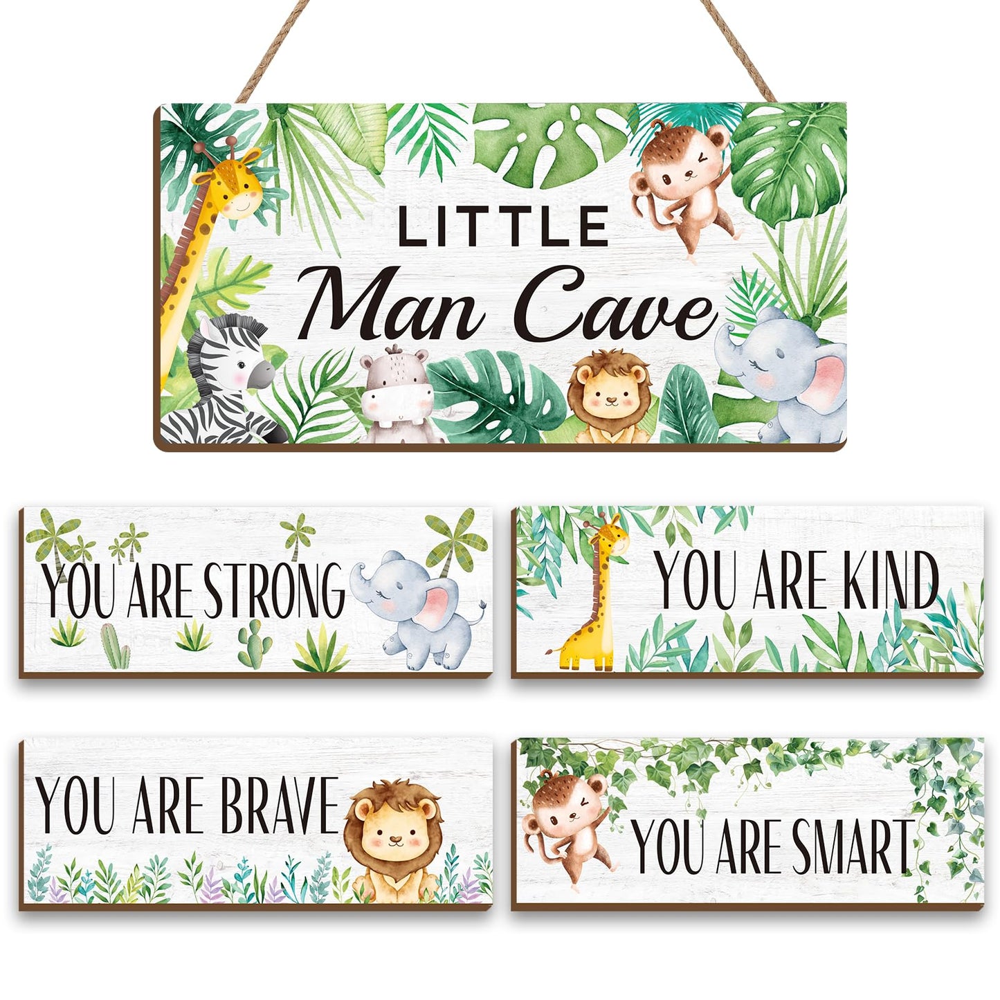 Guiqulai Safari Nursery Decor Woodland Animal Theme Little Man Cave Sign Safari Wall Decor for Toddler Boy Kids Bedroom Living Room, Wooden Animal Wall Art Decorations
