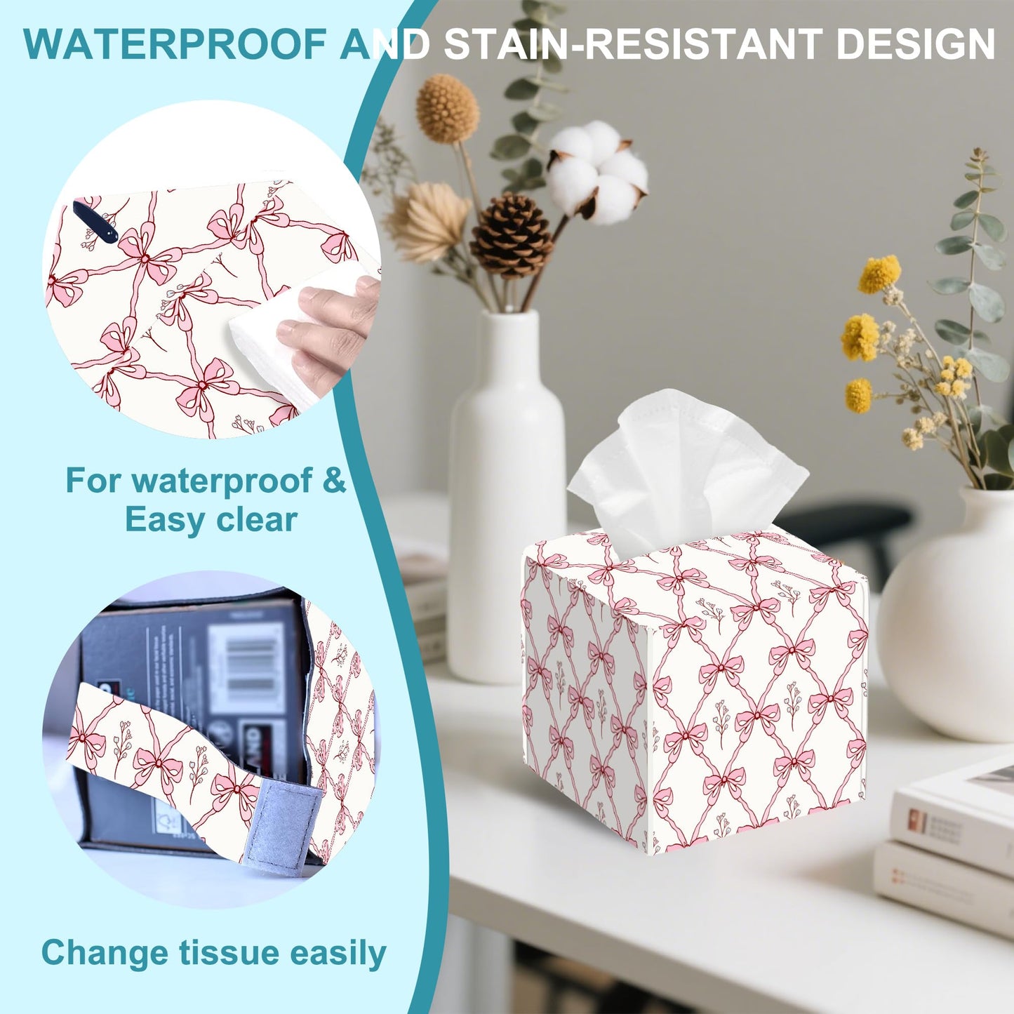 Vintage Retro Pink Ribbon Tissue Box Cover Square,Leather Tissue Holder,Waterproof Leather Facial Paper Organizer Tissue Box Cover for Home Office Bathroom Vanity Countertop,5.2" x 5.2" x 5.2"
