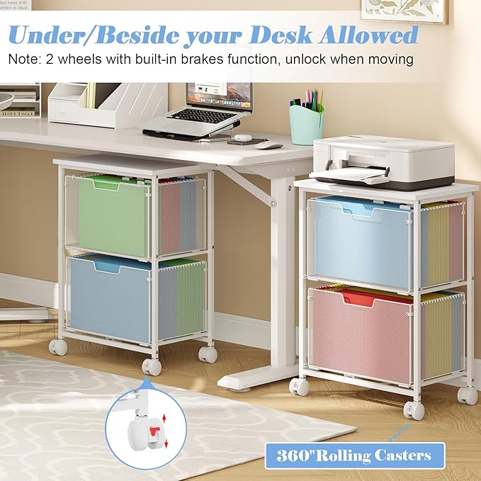 Sbanmao Letter/Legal Rolling File Cabinet, Rolling File Cart with 2 Drawers Filing Cabinet for Home Office, Hanging File Folders Organizer for Under Desk Storage, Mobile Printer Stand, White