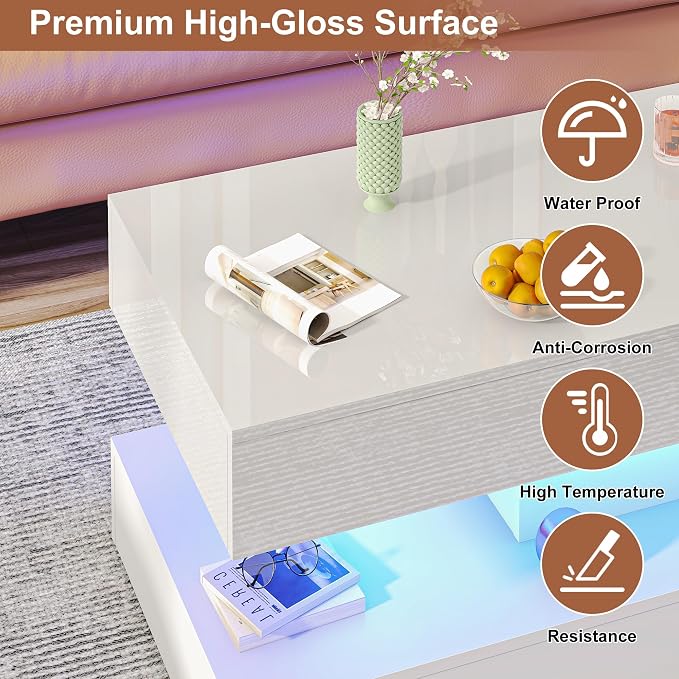 Uspeedy 47.3in Large High Glossy LED Coffee Table with 2 Storage Drawers,Black/White Modern Coffee Tables for Living Room,Living Room Tables,APP LED Lights (White)