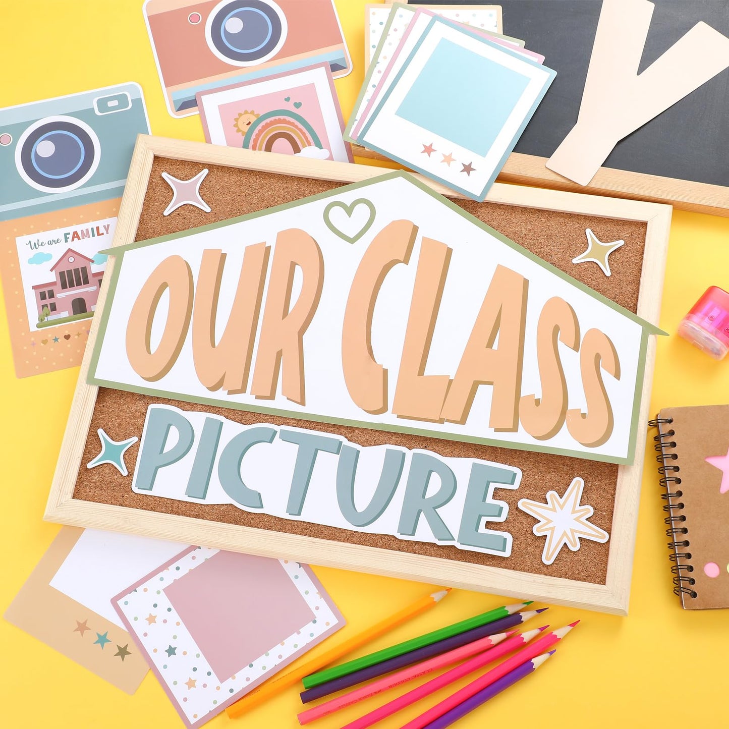 Watersay 52 Pcs Boho Bulletin Board Decor for Classroom, Our Class is a Family Picture Frame Bulletin Board Set for Teachers Chalkboard School Home Door Decor