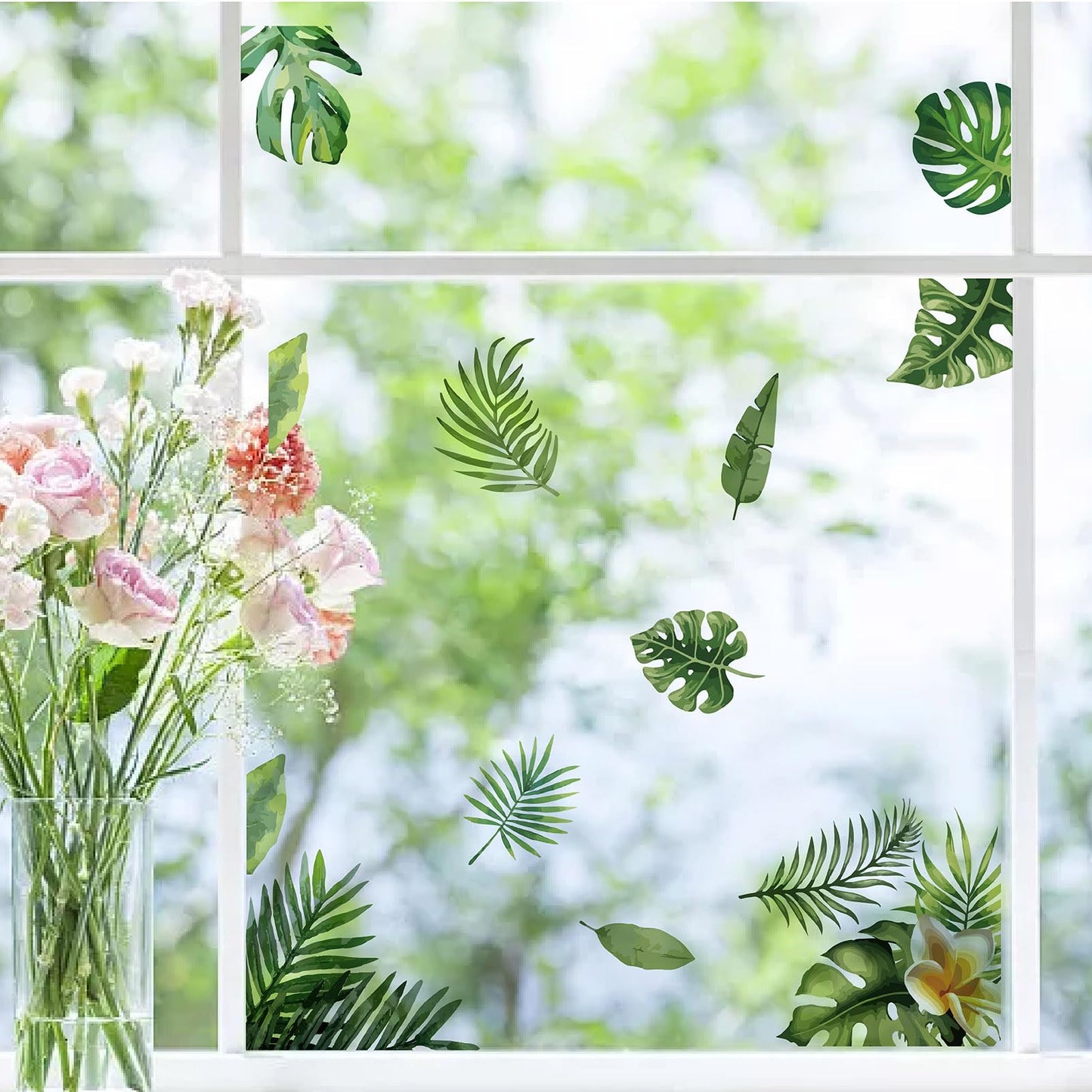 CRASPIRE 8 Sheets Green Leaf Window Stickers Tropical Leaves PVC Waterproof Self Adhesive Summer Wall Decals Natural Palm Plant Rectangle Removable for Stairway Home Decoration TV Wall Art