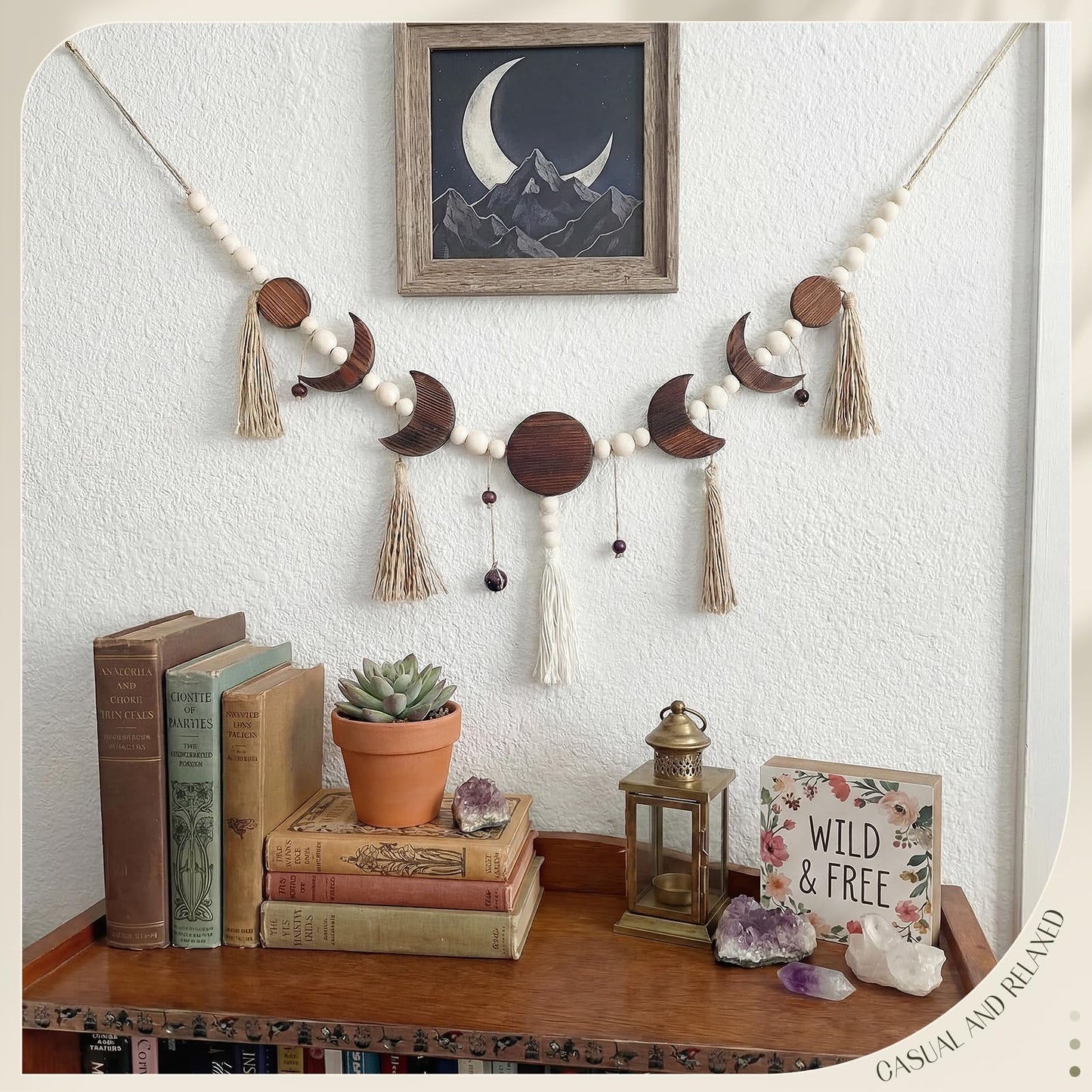 Leinuosen Moon Phase Wall Hanging Wood Beaded with Tassel Boho Wall Art Decor Astrology Aesthetic Moon Garland Celestial Decor for Living Room Bedroom Dorm Apartment, 40" Long