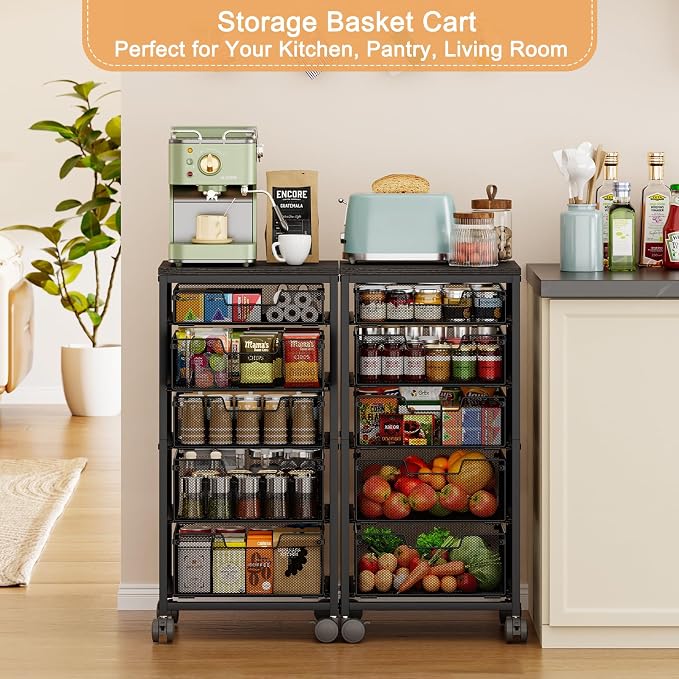 Kitchen Storage Cart with Drawer, 5-Tier Fruit Vegetable Storage Cart, Kitchen Organizer and Storage Cart with Wheels, Wooden Top Metal Wire Pantry Storage Cart rack for Fruit Snack Onion Potato