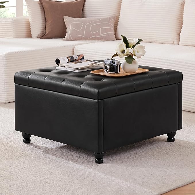 Weture Large Square Storage Ottoman Coffee Table, Oversized Square Ottoman with Storage, Tufted Upholstered Coffee Tables for Living Room (30 Inch,Leather, Black)