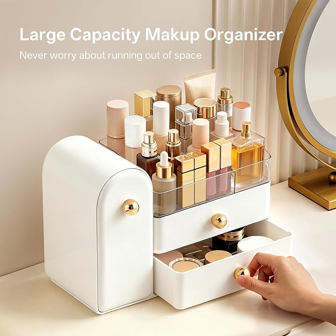 HBlife Makeup Organizer Countertop with Drawers, Vanity Organizers with Brush Holder, Bathroom Counter Organizer for Perfume, Nail Polishes, Lipsticks, Skincare and Eyeshadow Palettes, White and Gold