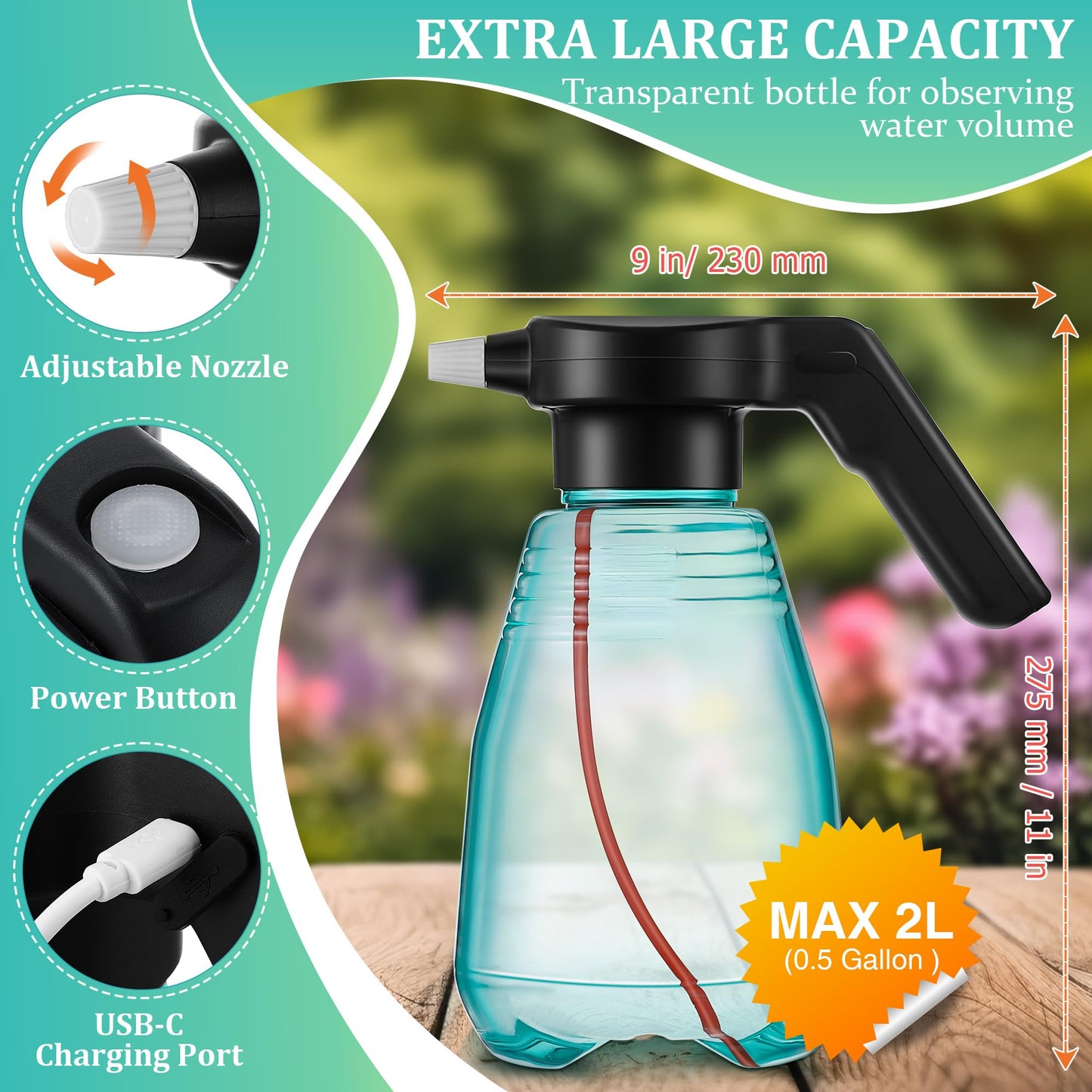 Dunkive Electric Spray Bottle Plant Mister for Indoor Outdoor Plants, 0.5 Gallon Automatic Watering Can Rechargeable Battery Powered Sprayer with Adjustable Spout for Gardening, Cleaning(Green Style)