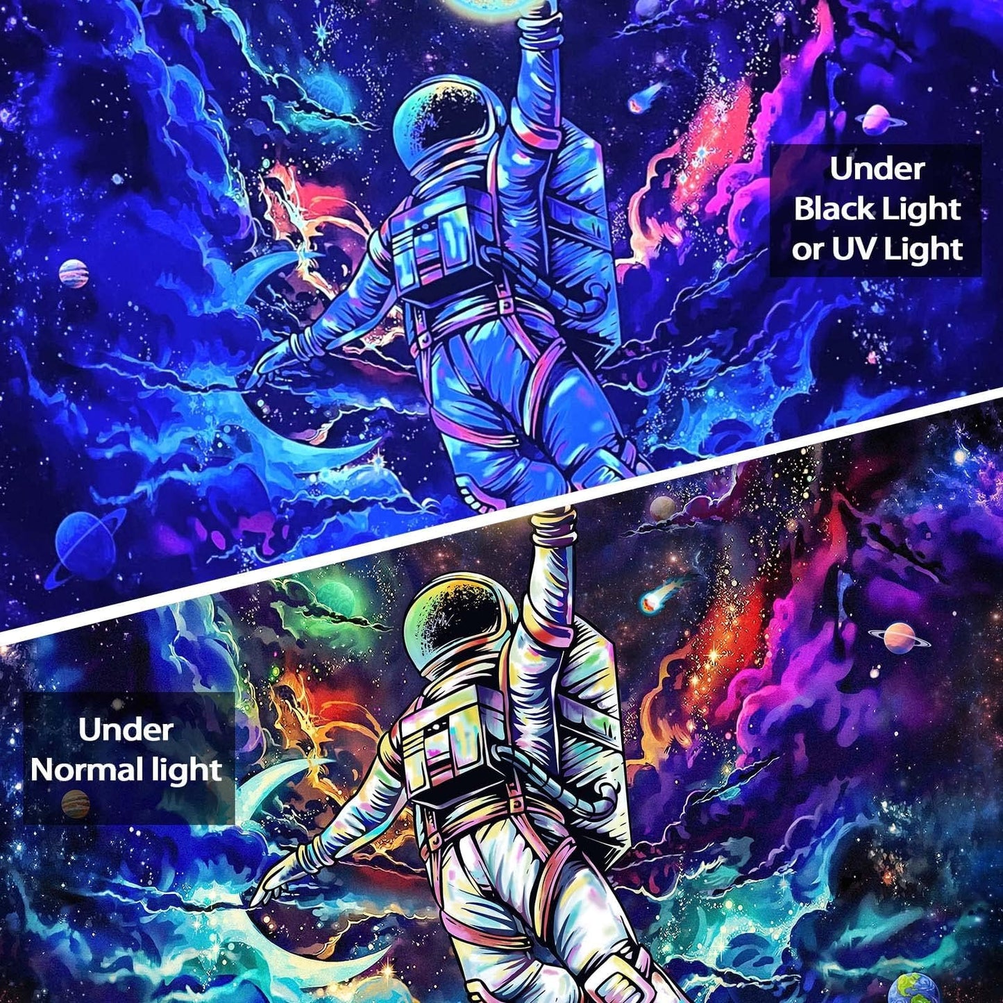 kampdream Blacklight Astronaut Space Tapestry, UV Reactive Galaxy Universe Planet Glow in Dark Tapestries for Men, Boys and Teens Cool Poster 36×48 inch