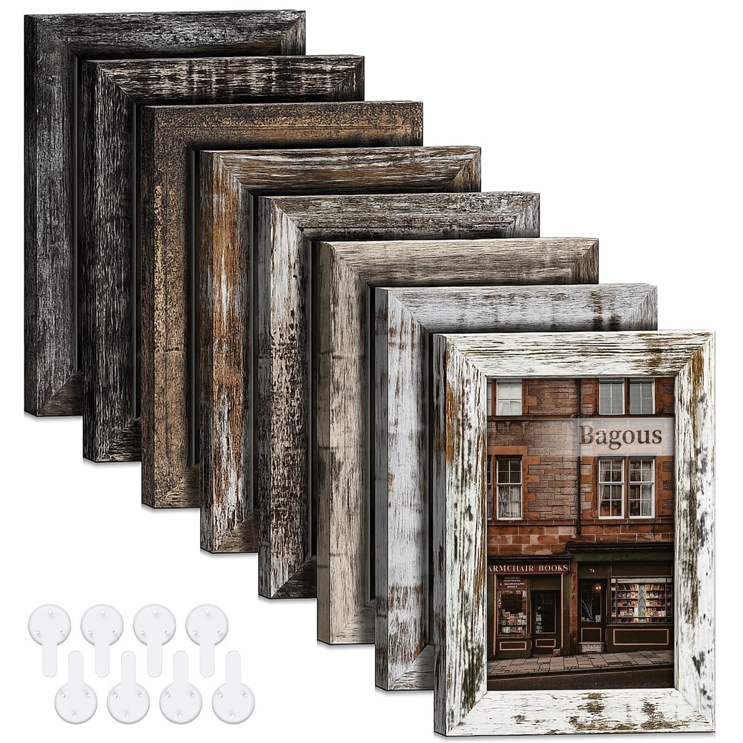 Bagous 5x7 Picture Frames Set of 8, Vintage Rustic Farmhouse Industrial Style Photo Frames, High Definition Real Glass, for Tabletop or Wall Hanging