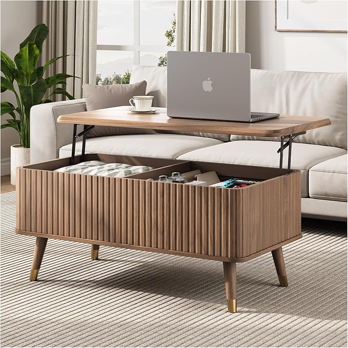 JOINICE Lift Top Coffee Table with Storage, Mid Century Modern Fluted Wood Design,Pop-Up Walnut Center Table with Hidden Compartment for Living Room & Home Office Work/Dining