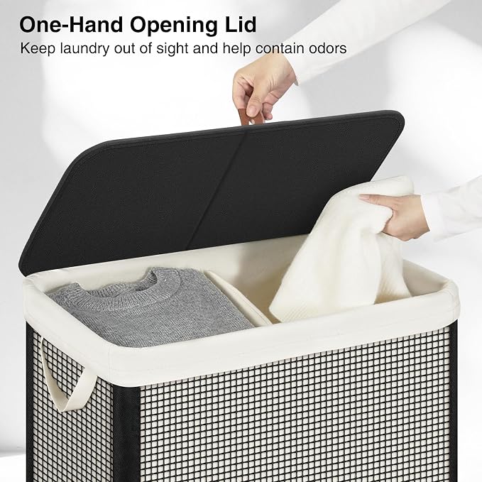 STO STO Double Laundry Hamper with Lid, 140L Large 2 Section Laundry Sorter, Laundry Basket with Removable Washable Canvas Liner Bag, Breathable Clothes Hamper for Bedroom Bathroom Laundry Room Closet