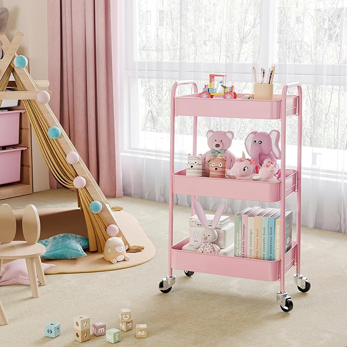 TOOLF 3-Tier Rolling Cart - Metal Utility Storage Organizer with Lockable Wheels, 33 lbs Per Shelf, Tool-Free 5-Min Assembly, for Kitchen Bathroom Office Nursery Craft Room, Pink