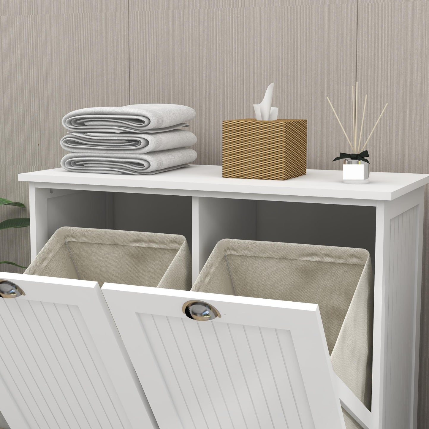Contemporary Storage Cabinet, Two-Compartment Tilt-Out Laundry Sorter Cabinet, for Bathroom Hallway