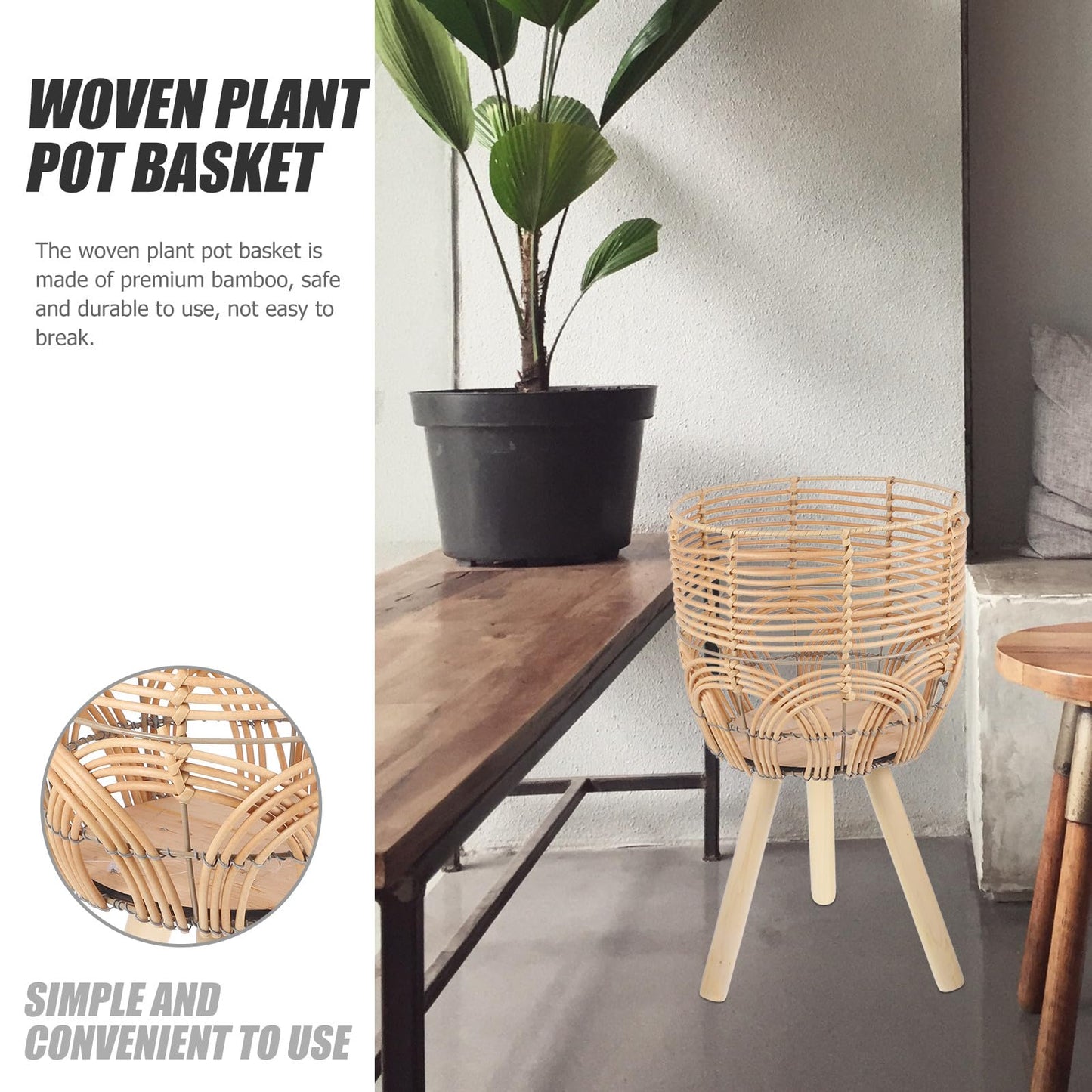 BESTonZON Woven Plant Stand with Flower Basket Indoor Outdoor Plant Pot Rack for Living Room Balcony Medium Size Natural Fiber Holder