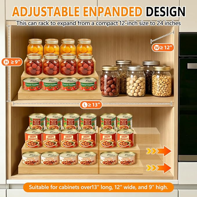 2 Pack Bamboo Expandable Can Rack Organizer for Pantry, Stackable 3 Tier Canned Food Organizers and Storage, Kitchen Cabinet, Food Can Holders Dispensers for Pantry Up To 48 Cans