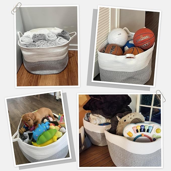 INDRESSME Large Storage Basket, 21.7'' x 13.8'' Cotton Rope Blanket Basket Living Room, Toy Organizers and Storage with Handles for Kids, Laundry Baskets for Clothes, Towel, 90L Grey
